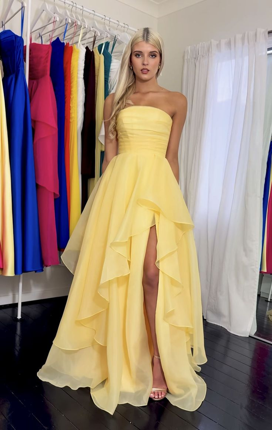 Classy Strapless Yellow Tulle Slit Long Prom Dress Formal Birthday Party Dress D1141