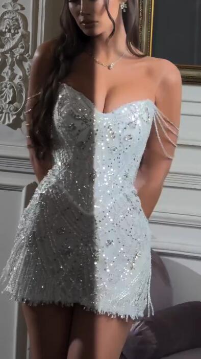 Shiny Off The Shoulder Satin Beaded Tassel Short Homecoming Dress Birthday Dress D4436