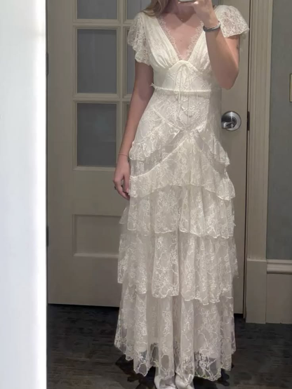 Classy V  Neck Lace Layered A Line Long Evening Dress White Long Birthday Party Gowns D5033