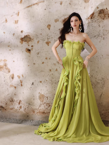 Pretty Green Strapless Chiffon Ruffled Long Evening Dress Birthday Dress D2402