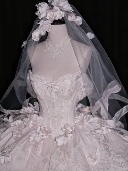 Glamorous Strapless White Tulle Lace Floral Long Wedding Dress With Veil D3074