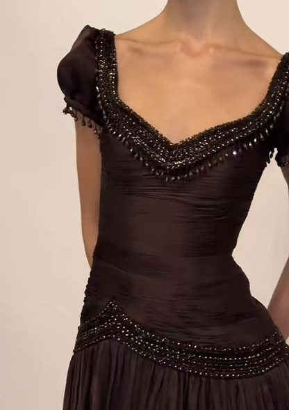Vintage V Neck Brown Chiffon Beaded Mermaid Party Dress Long Evening Gowns D903