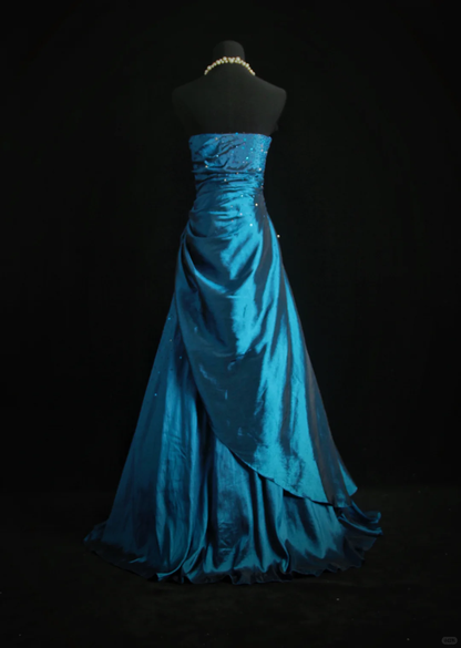 Vintage Blue Strapless Satin Beaded Long Prom Dress Party Dress D2853