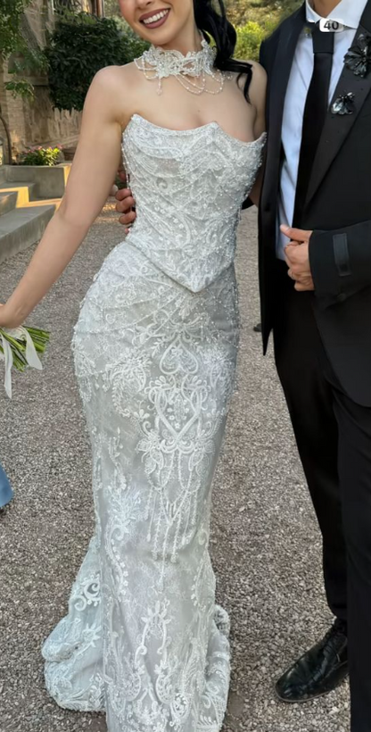 Gorgeous Strapless White Tulle Lace Beaded Mermaid Long Wedding Dress D1063