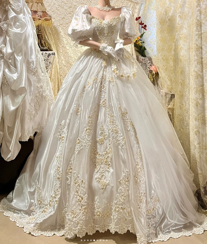 Charming Off The Shoulder White Satin Beaded Long Wedding Dress Bridal Gowns With Gloves D2032