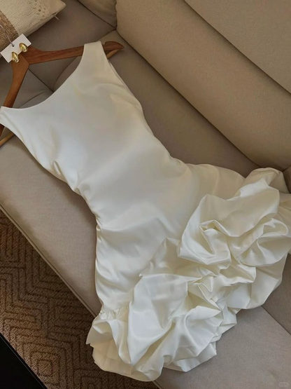 Simple Strapless White Satin Pleated Short Vacation Dress Formal Birthday Outfits D272