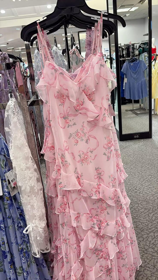 Pretty Spaghetti Straps Chiffon Print Floral Ruffle Prom Dress,Pink Mermaid Long Party Gown D3480
