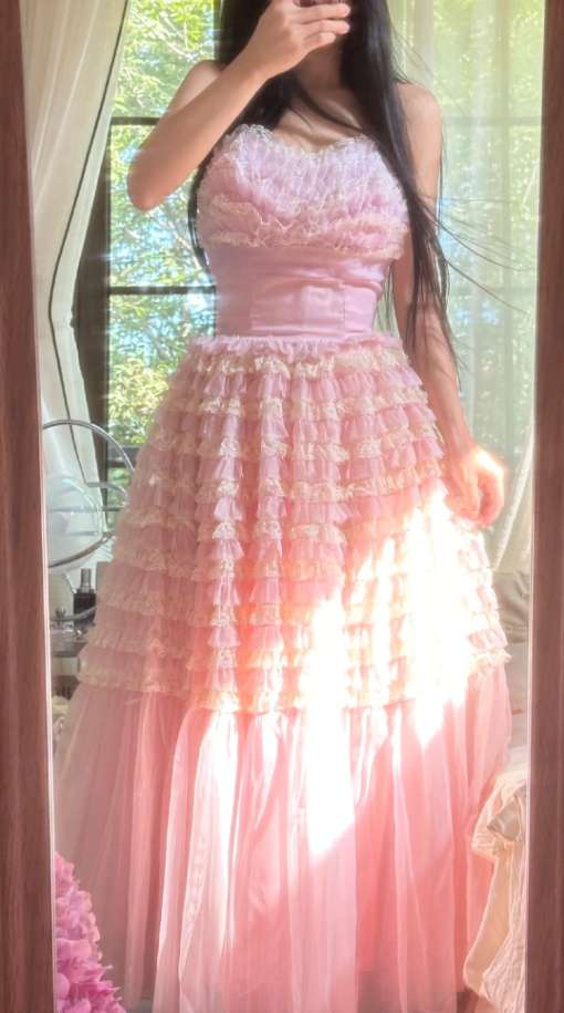 Sweet Strapless Pink Tulle Pleated A Line Long Party Dress Princess Birthday Prom Gowns D2309