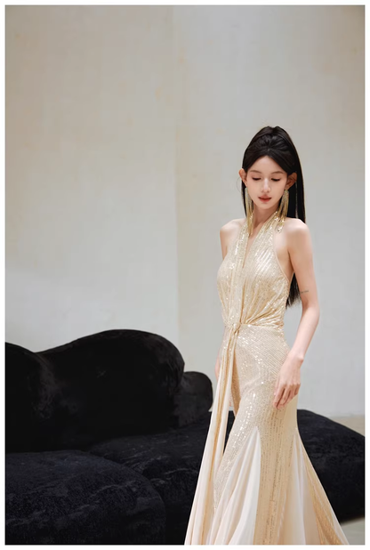 Gorgeous Halter V Neck Champagne Gold Sequin Mermaid Long Evening Dress Formal Birthday Outfits D2424
