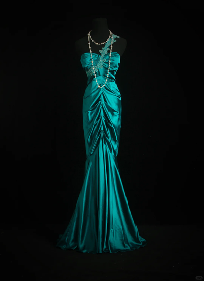 Unique Green One Shoulder Satin Pleated Beaded Mermaid Long Party Dress Evening Dress D2854