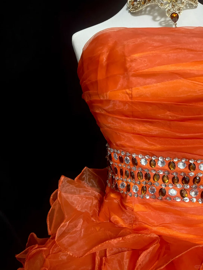 Unique Orange Tulle Pleated Beaded A Line Short 20th Birthday Outfits,Strapless Short Party Dress D4072