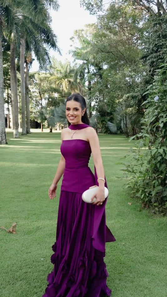 Charming Strapless Satin Long Wedding Guest Dress,Purple Long Party Dress D3446