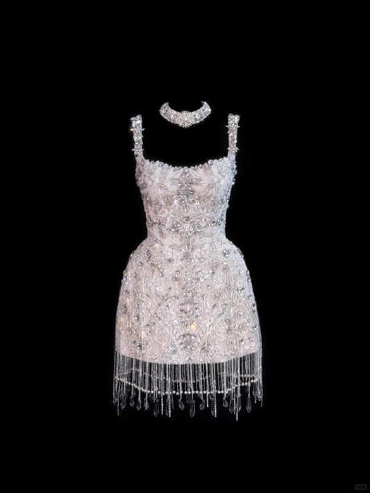 Luxurious Sheath Tulle Beaded Cocktail Dress Formal Short Homecoming Dress Birthday Outfits D439