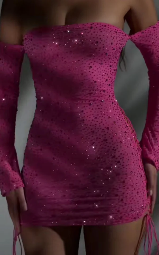 Sparkly Pink Off The Shoulder Satin Beaded Mini Cocktail Dress 20th Birthday Outfits S937