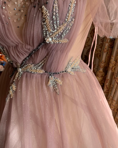 Sweet Tulle Sequin Beaded Ball Gown Pink Long Evening Dress Birthday Party Dress D1773
