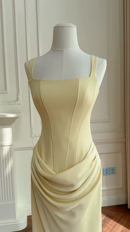 Classy Yellow Satin Mermaid Long Wedding Guest Dress Formal Party Dress D2948