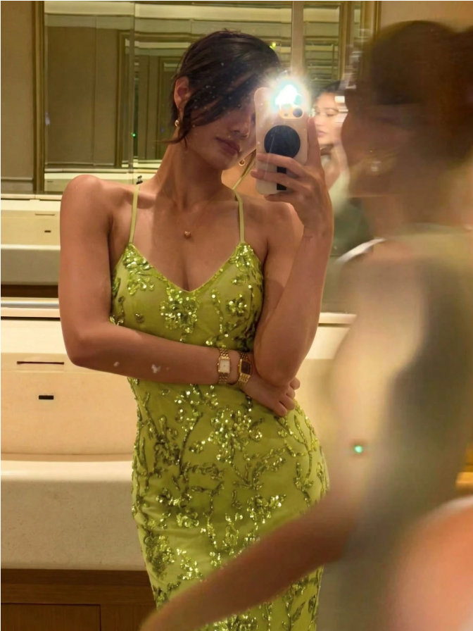Elegant Spaghetti Straps Green Tulle Sequin Floral Mermaid Long Evening Dress Birthday Party Dress D4724
