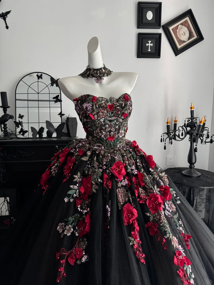 Pretty Black Quinceanera Dress Strapless Tulle Sequin Beaded Floral Sweet 16 Dress With Appliques D4717