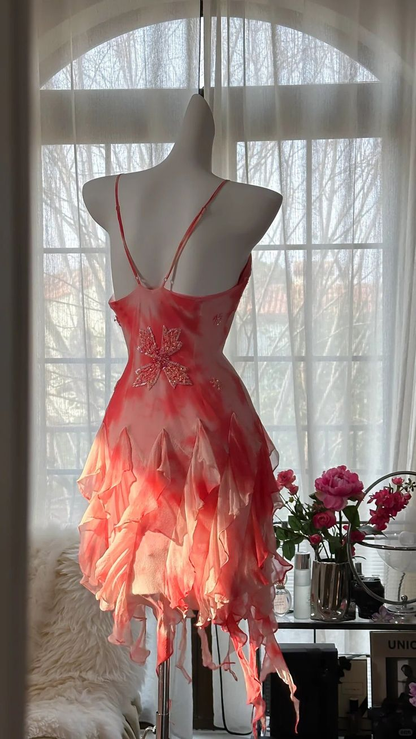 Gorgeous Spaghetti Straps Beaded Chiffon Irregular Ruffles Short Party Dress Homecoming Dress S675
