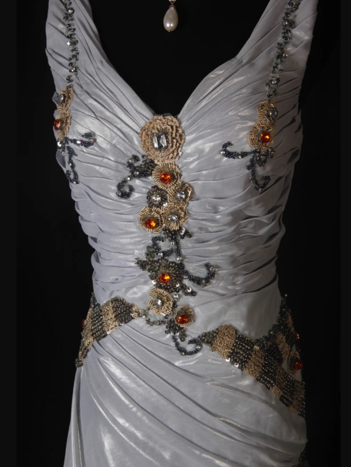 Elegant V Neck Silver Satin Lace Pleated Beaded Evening Dress Long Mermaid Prom Dress D2266