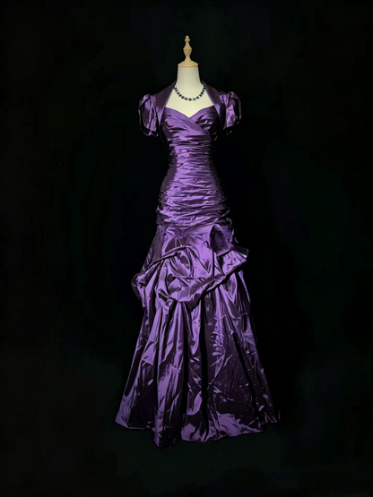 Vintage Blue Satin Pleated Mermaid Long Party Gown Formal Prom Dress D753