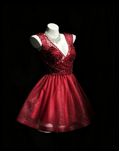 Glitter V Neck Sleeveless Tulle Sequin Beaded A Line Mini Prom Dress,Burgundy Short 9th Grade Homecoming Dress D3245