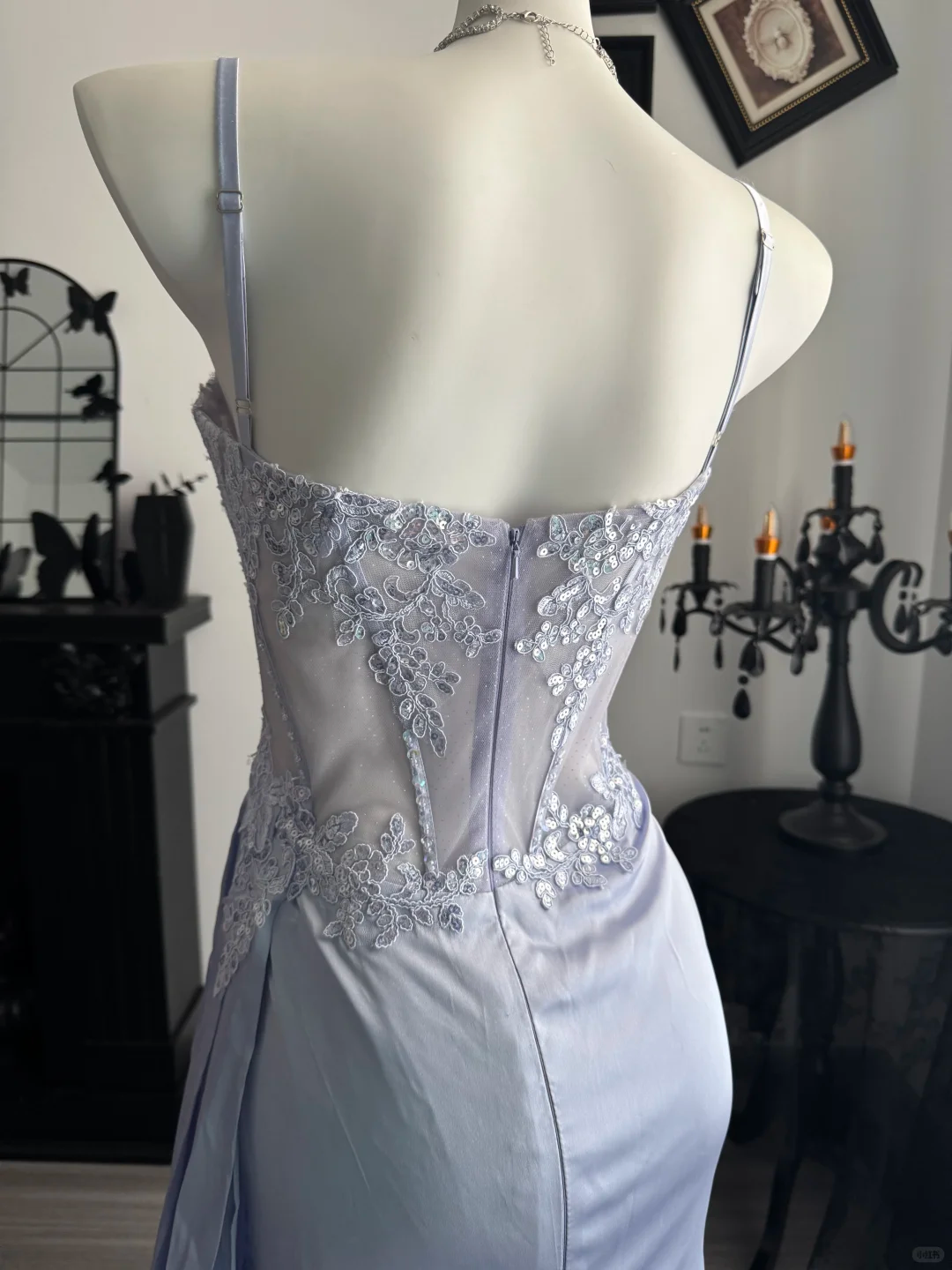 Charming Lilac Satin Sequin Slit Mermaid Prom Dress,Spaghetti Straps Long Evening Dress D3704