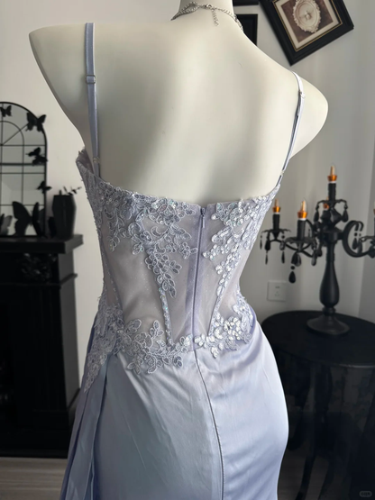 Charming Lilac Satin Sequin Slit Mermaid Prom Dress,Spaghetti Straps Long Evening Dress D3704