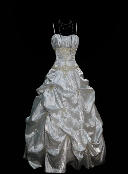 Chic Ball Gown Spaghetti Straps White Satin Pleated Beaded  Long Party Dress Evening Dress D4514