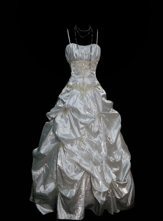 Chic Ball Gown Spaghetti Straps White Satin Pleated Beaded  Long Party Dress Evening Dress D4514
