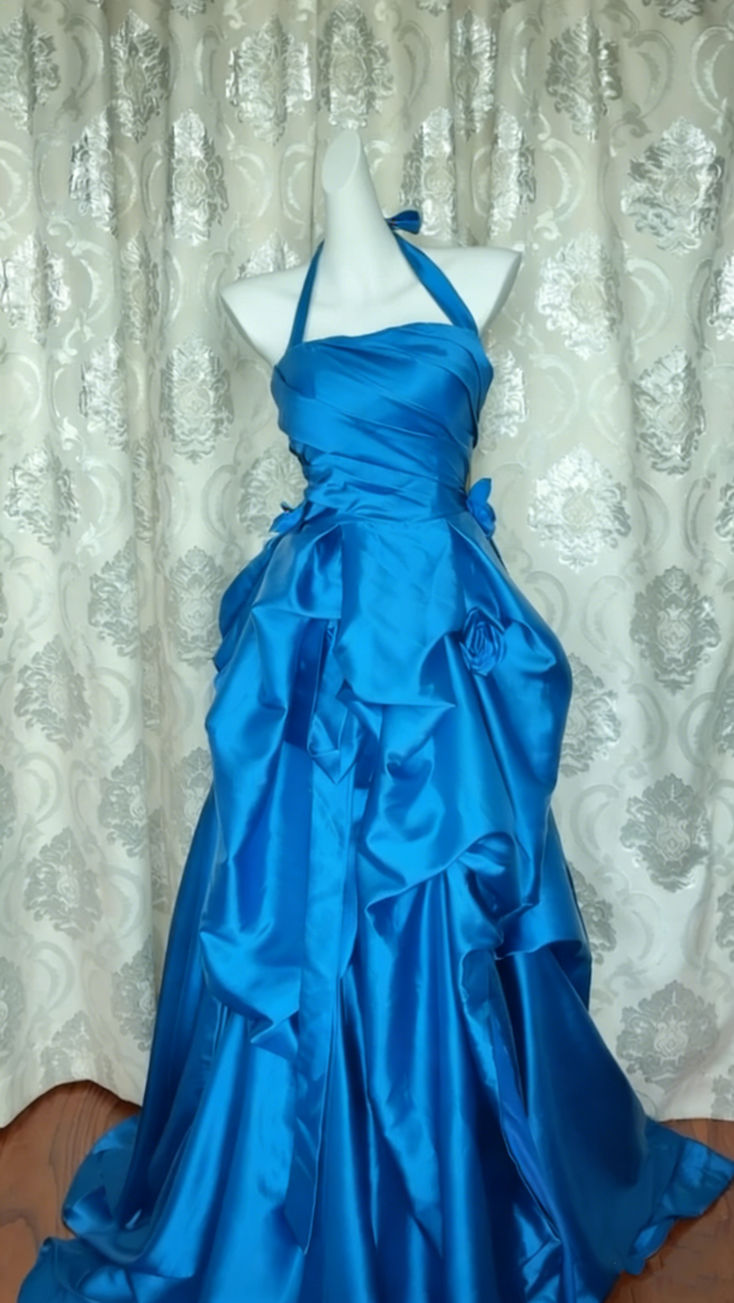Retro Halter Navy Blue Satin Pleated Ball Gown Long Party Dress D1042