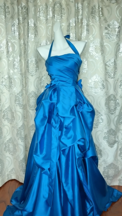Retro Halter Navy Blue Satin Pleated Ball Gown Long Party Dress D1042
