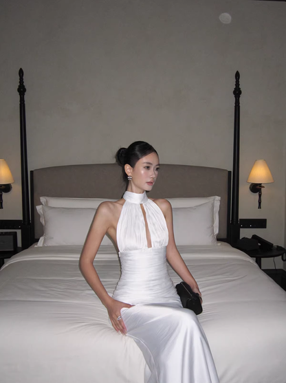 Sexy Halter White Satin Pleated Mermaid Long Wedding Guest Dress Birthday Prom Dress Evening Gown D2130