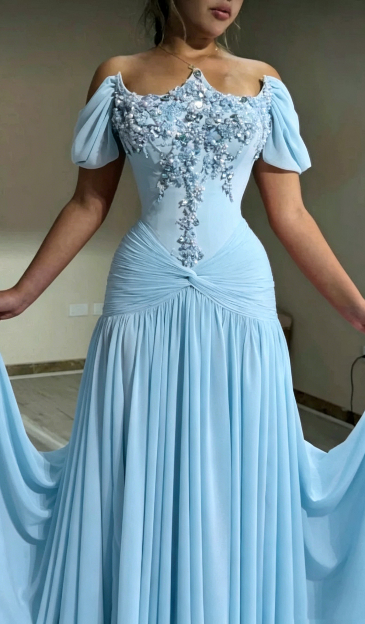 Cute Off The Shoulder Pink Chiffon Beaded Mermaid Long Party Dress Evening Gown D1304