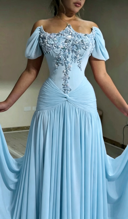 Cute Off The Shoulder Pink Chiffon Beaded Mermaid Long Party Dress Evening Gown D1304