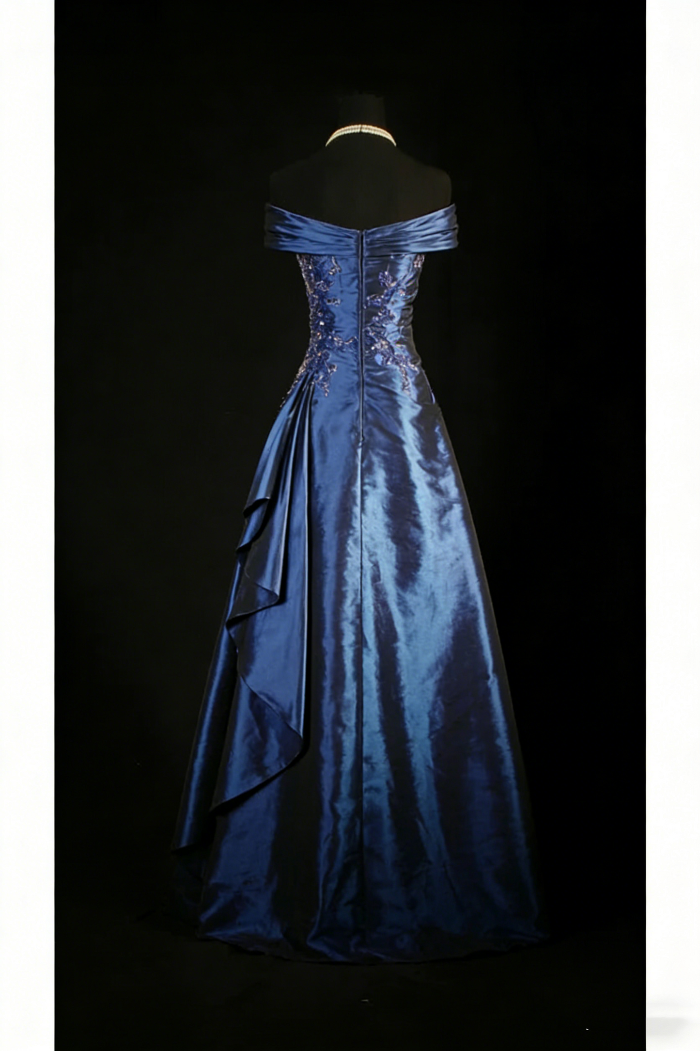 Vintage Off The Shoulder Ball Gown Navy Blue Satin Beaded Long Prom Dresses Party Dress D2461