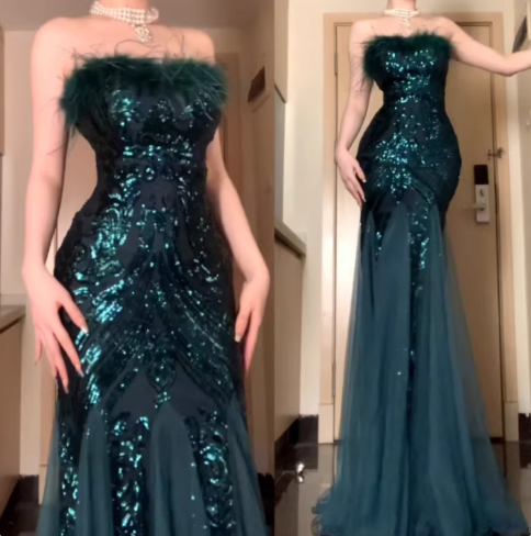 Classy Feathers Strapless White Tulle Sequin Mermaid Long Evening Dress Prom Dresses D2398