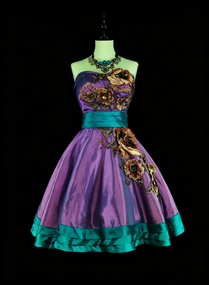 Retro Purple Satin Embroidery Floral A Line Short 16th Birthday Outfits,Strapless Short Homecoming Dress D4058