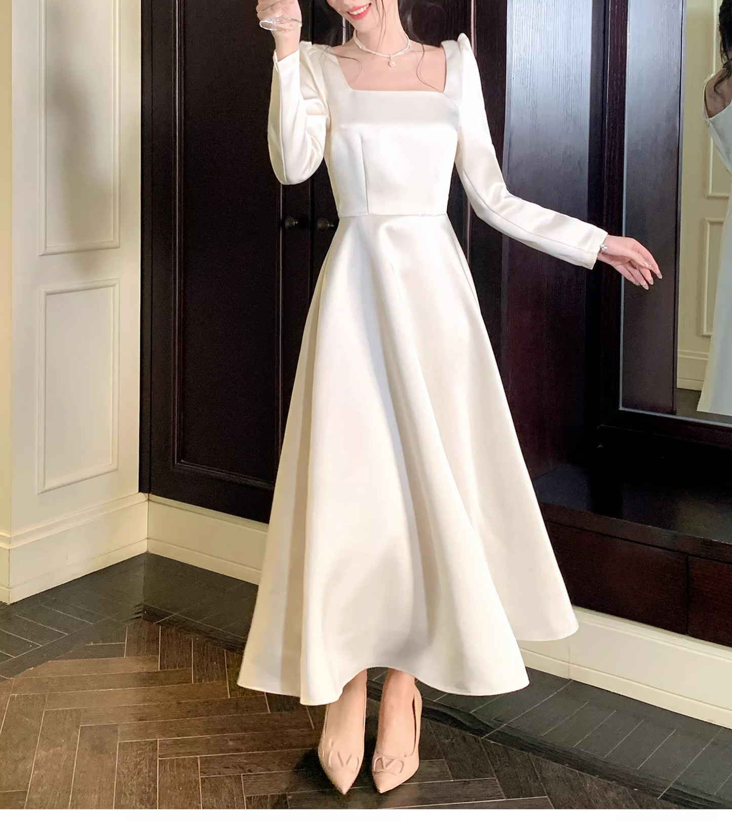 Elegant Square White Satin A Line Long Party Dress Evening Dress D2179