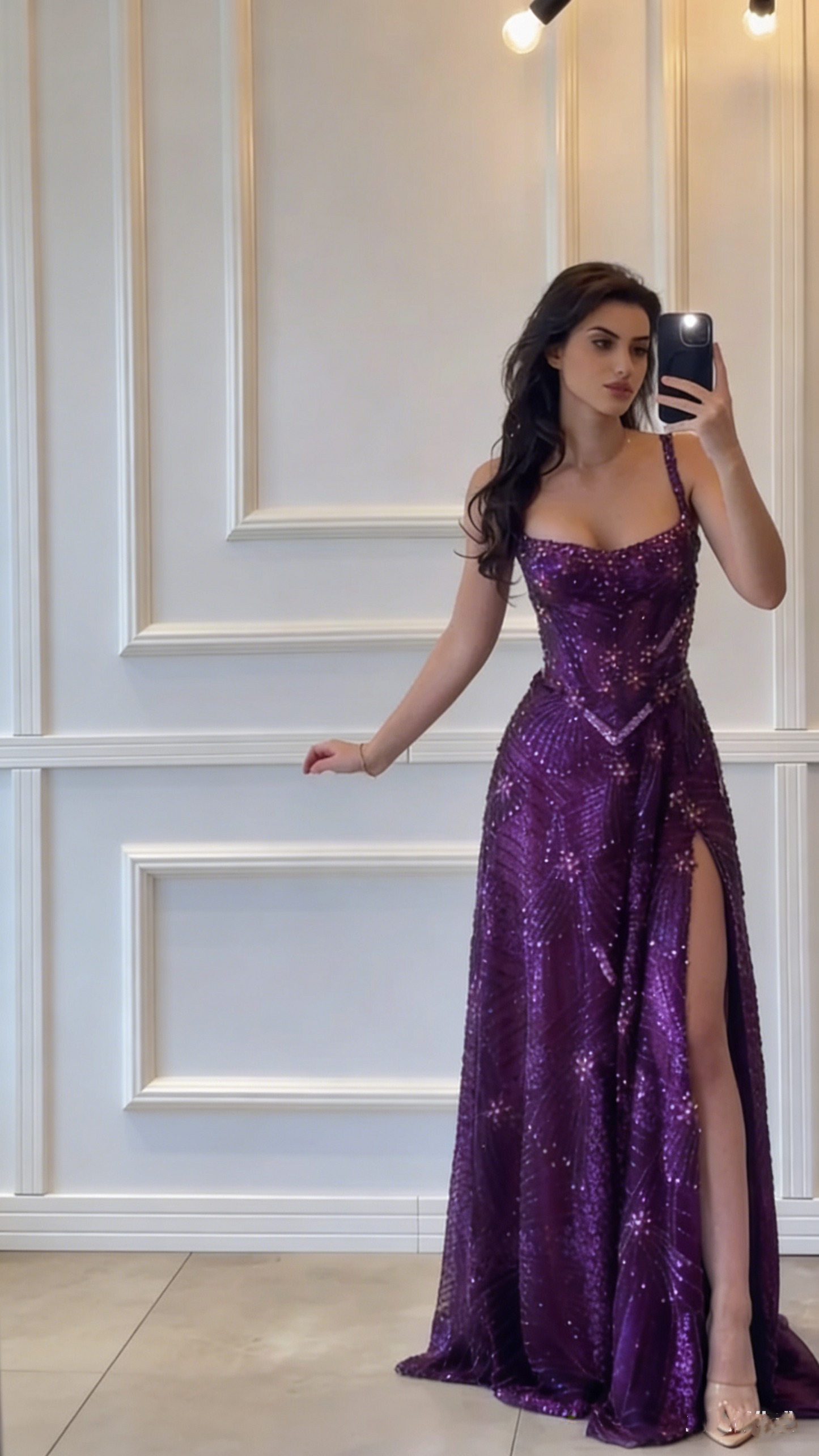 Vintage Emerald Green Spaghetti Straps Tulle Lace Beaded A Line Prom Gown Long Slit Party Dress D821