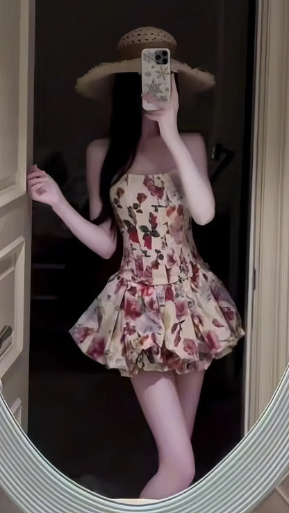 Pretty Strapless Satin Print Floral A Line Short 21st Birthday Outfits Homecoming Dress D797