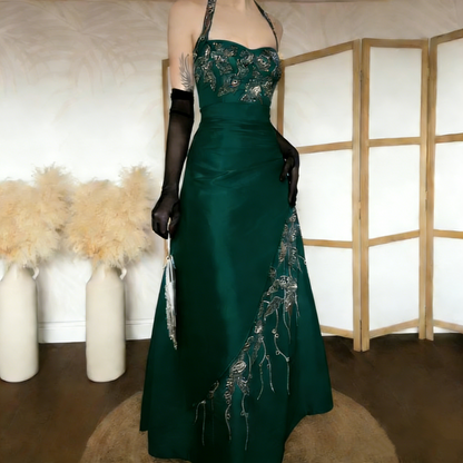 Vintage Halter Brown Satin Beaded Mermaid Evening Dress Long Party Dress Prom Gown With Gloves D1906