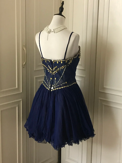 Vintage Navy Blue Lace Beaded A Line Homecoming Dress Birthday Dress  S545