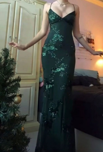 Charming Spaghetti Straps Emerald Green V Neck Mermaid Long Party Dress Prom Gown D1622