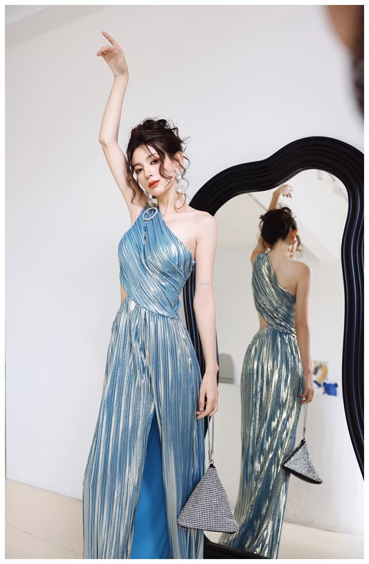 Sexy One Shoulder Satin Pleated Slit Long Wedding Guest Dress Blue Birthday Prom Dress Evening Gown D2458