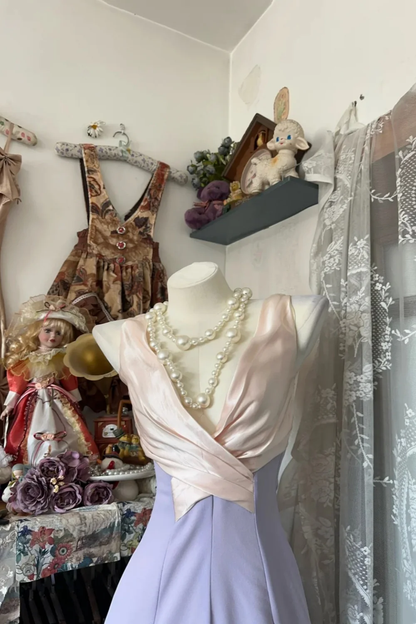 Retro V Neck Lilac Satin Mermaid Long Party Dress Prom Gown D1210