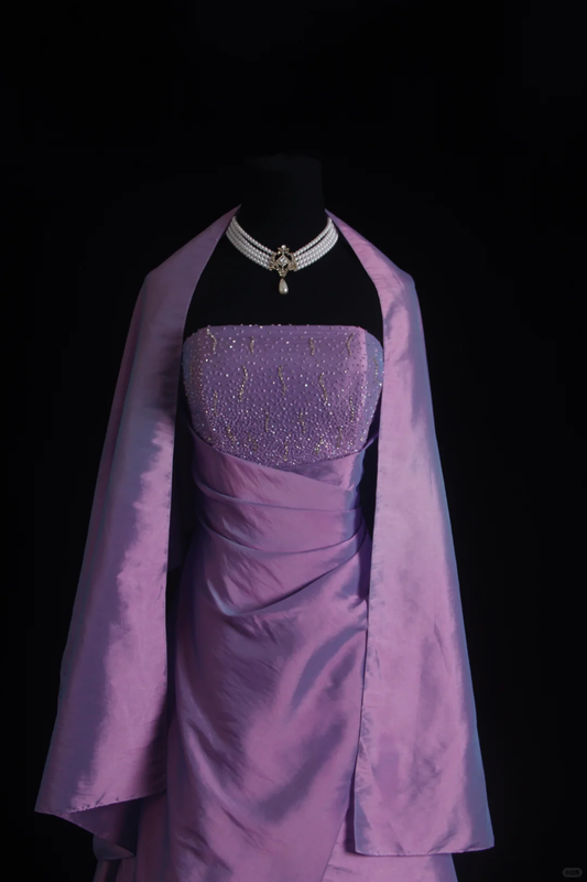 Vintage Purple Strapless Satin Beaded Long Party Dress Evening Dress D2848