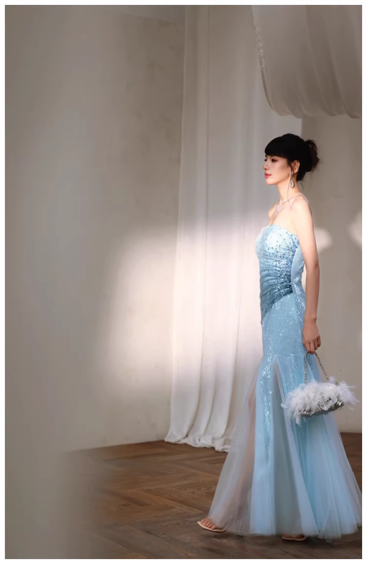 Charming Strapless Blue Tulle Sequin Beaded Mermaid Long Evening Dress Birthday Party Gown D2436