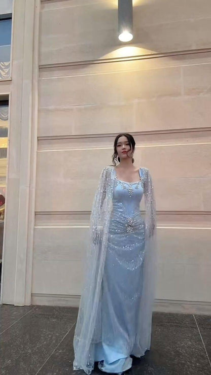 Elegant Satin Pleated Tulle Sequin Beaded Prom Dress Light Blue Mermaid Long Party Dress D5137