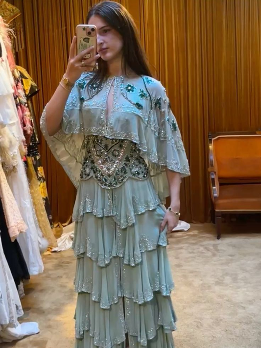 Pretty Mint Green Chiffon Beaded Layered Long Party Dress Evening Dress D4626